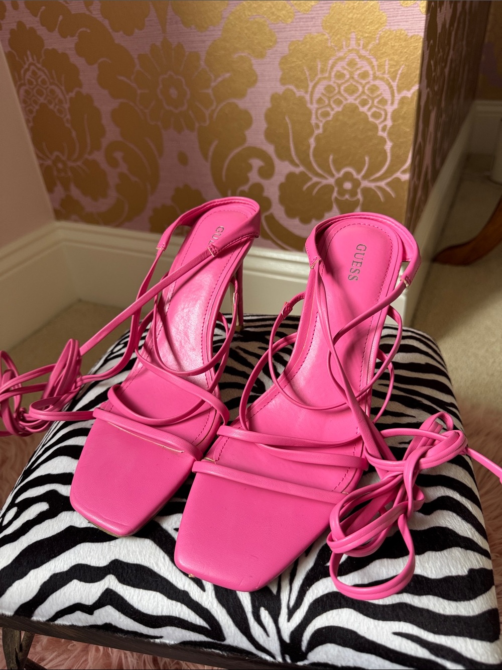 GUESS Pink Lace-Up Square-Toe Heels